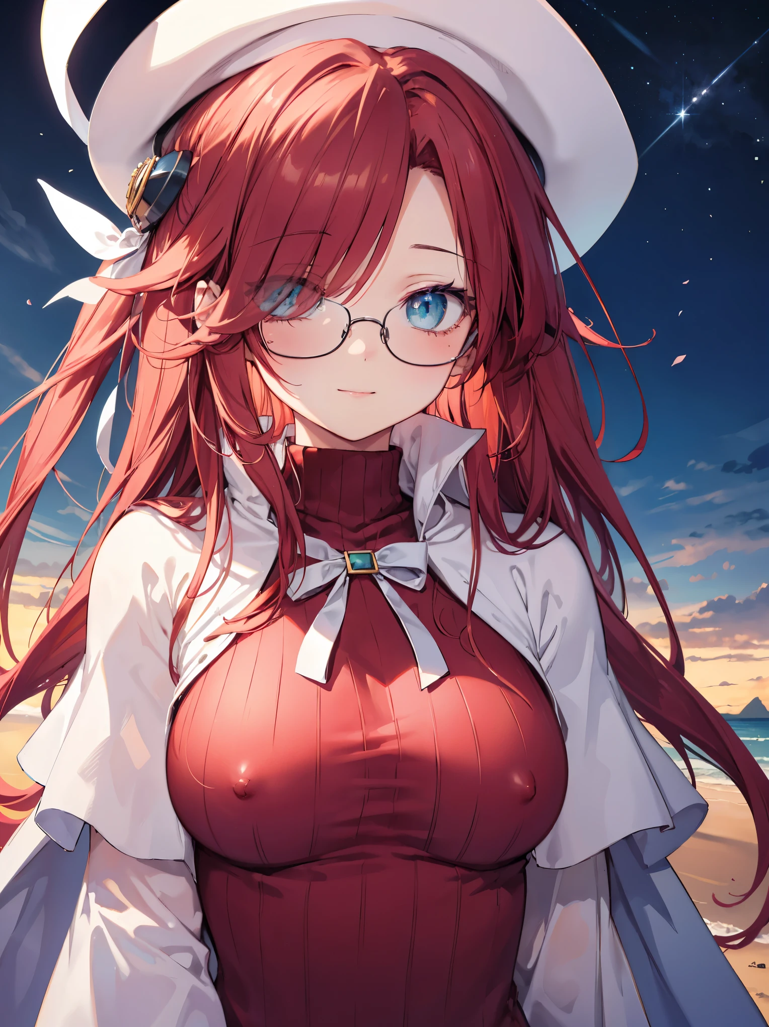 summonnightaty, aty, ),long hair, blue eyes, red hair, big_tits, hat, glasses, BREAK long hair,, hat, dress,glasses, cape, sweater, beret,ribbed sweater,,solo, BREAK outdoors, fantasy, BREAK (masterpiece:1.2), best quality, high resolution, unity 8k wallpaper, (illustration:0.8), (beautiful detailed eyes:1.6), extremely detailed face, perfect lighting, extremely detailed CG, perfect anatomy),covered_nipples,(half_eyes:1.2),(sleepy_eyes:1.2),red_sweater,magical_effect,,Smile,solo,beach_sky_landscape,night_sky,solo,portrait,bust up,