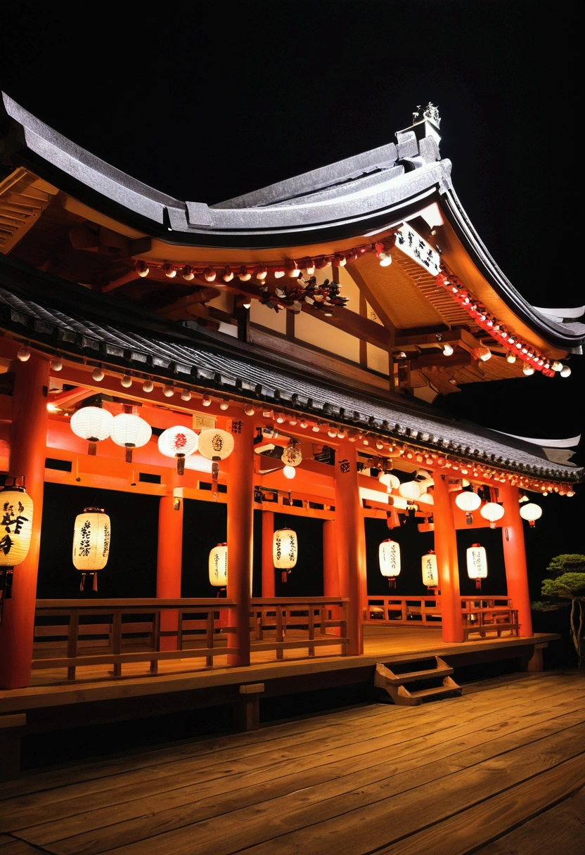 Japan、Festivals、Bon dance、Wooden platform、shrine、unmanned、night、Lantern