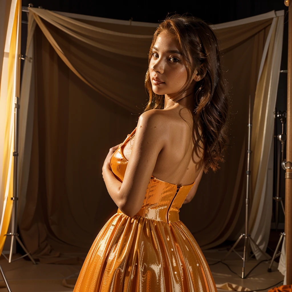 a girl wearing a yellow gown and possing ,face only super smile ,looks happy,fassion modelling,lights,lights effect

