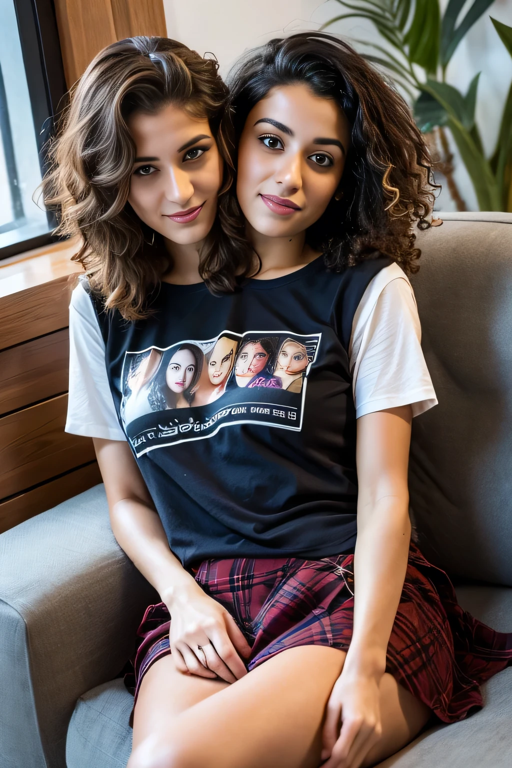 2heads, female couple, age 28, two heads on one body, one torso, hipsters, middle eastern, curly hair, T-shirt and skirt, relaxed, on the couch
