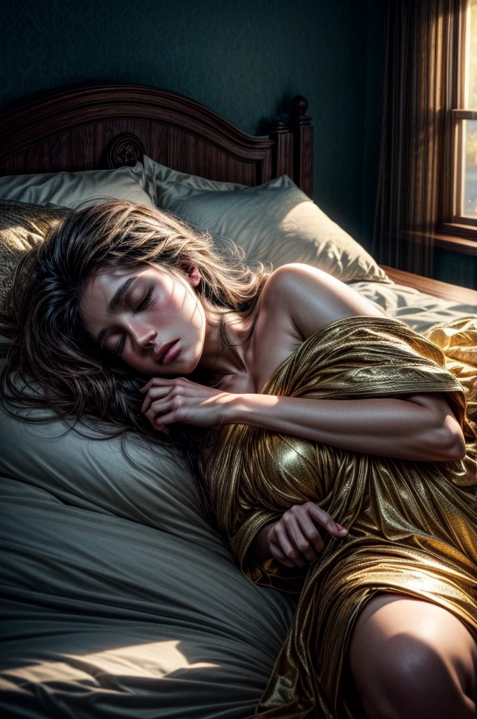 sleeping person, a heavenly angel beside the bed, mystical energy, golden light, colorful aura, portrait, digital art, cinematic lighting, dramatic atmosphere, intricate details, hyper realistic, vibrant colors, glowing aura, ethereal, serene, peaceful, dreamlike, (best quality,4k,8k,highres,masterpiece:1.2),ultra-detailed,(realistic,photorealistic,photo-realistic:1.37)