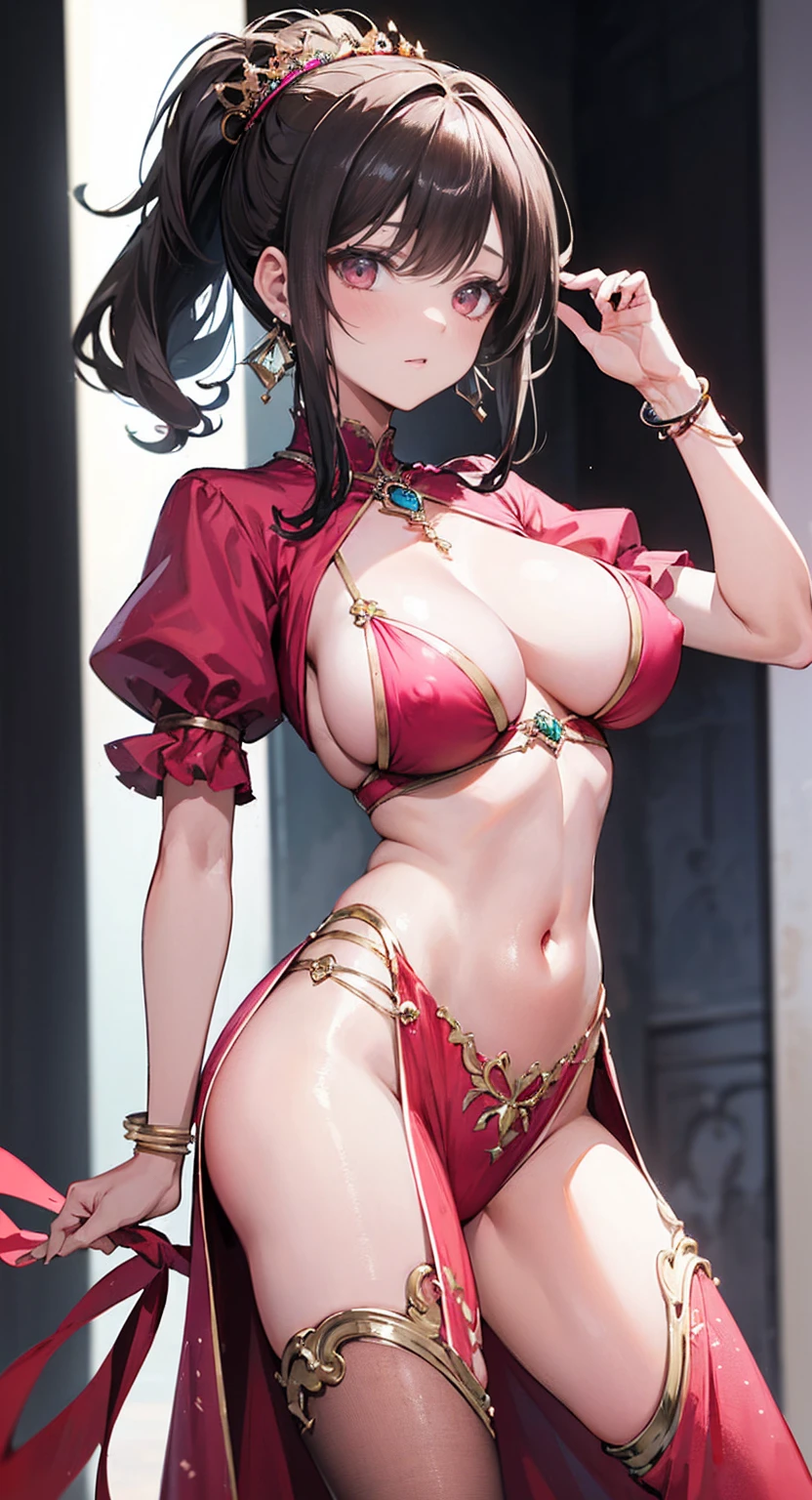 4K.high resolution,one woman,ผมpink,short ponytail,big tits,Hime,ชุดเดรสนักเต้นอาหรับpink,Navel expulsion,red gold bracelet,Gemstone Earrings,Jeweled clothing,queen's crown,Inside the palace,big breasts,Show your breasts,The cracks are clear....,((big tits)),(pubic bone), rift, visible chest,seductive pose,I see bulging nipples.,(((large areolae:1.4,pink,The nipples are clearly visible.......))),