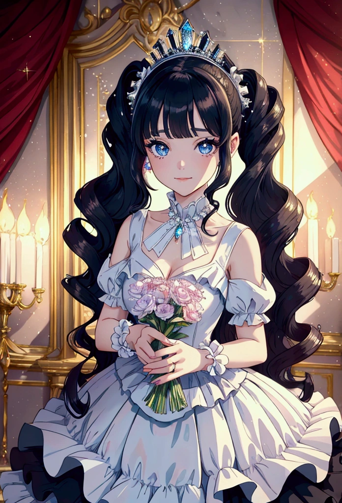 Dramatic composition, court-style dresses, royal, gorgeous, cascading frills, ruffles, bows, crystal chandeliers, Roman curly hairstyles, ponet, double ponytails like drills, look at the camera, bangs, maximalism, palatial background, delicate portrayal of hair and eyes, princess dresses, gorgeous skirts, flowers in hand, smiles, starry eyes, cinematic light, extreme detail, high definition, happy girl, very long hair, diamonds, broken diamonds, crystal fragments, light particles