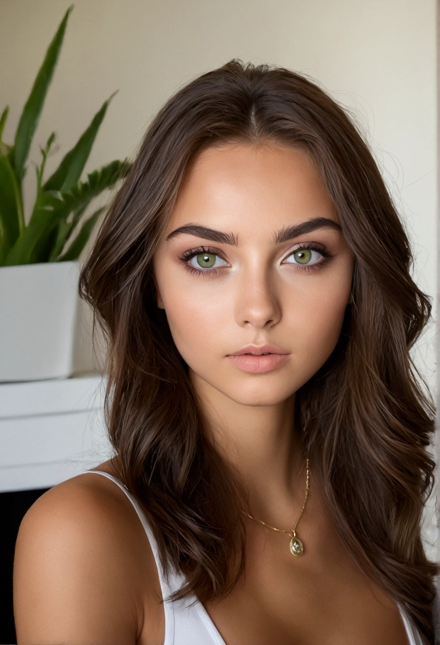 Arafed Femme portant un débardeur blanc et un collier, Fille sexy aux yeux verts, peau bronzée, Portrait Sophie Mudd, cheveux bruns et grands yeux, selfie d'une jeune femme, yeux de la chambre, Violette Myers, sans maquillage, Maquillage naturel, regardant directement la caméra, Cara avec Artgram, maquillage subtil, Impresionante foto de corps entier, yeux verts perçants, bel angle, pose attrayante, Mignon , pose sexy, Image du corps entier, corps entier, séance photo sur tout le corps, déesse brune, Détail élevé, Pose satisfaite, pantalon en cuir, hispanic