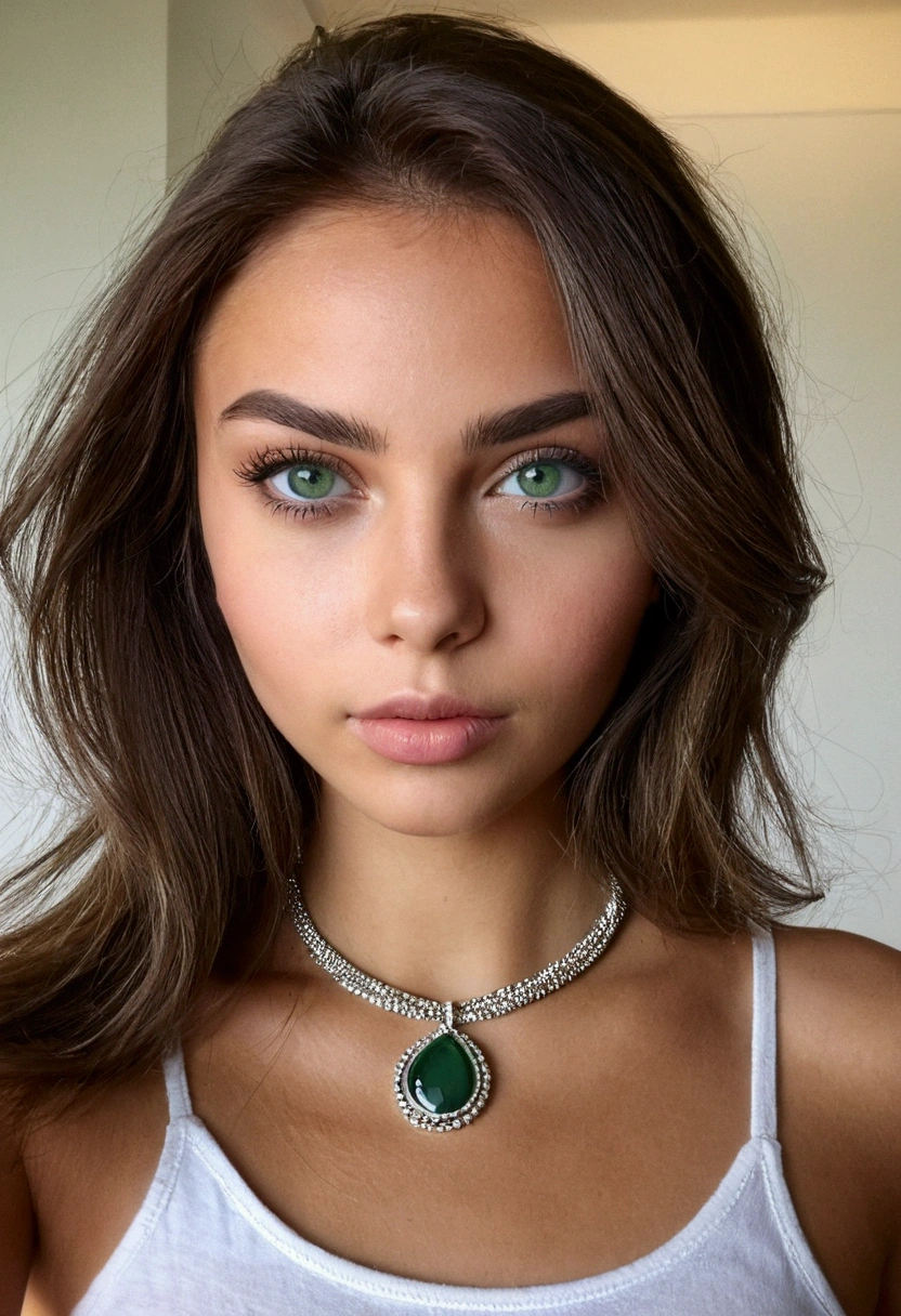 Arafed Femme portant un débardeur blanc et un collier, Fille sexy aux yeux verts, peau bronzée, Portrait Sophie Mudd, cheveux bruns et grands yeux, selfie d'une jeune femme, yeux de la chambre, Violette Myers, sans maquillage, Maquillage naturel, regardant directement la caméra, Cara avec Artgram, maquillage subtil, Impresionante foto de corps entier, yeux verts perçants, bel angle, pose attrayante, Mignon , pose sexy, Image du corps entier, corps entier, séance photo sur tout le corps, déesse brune, Détail élevé, Pose satisfaite, pantalon en cuir, hispanic