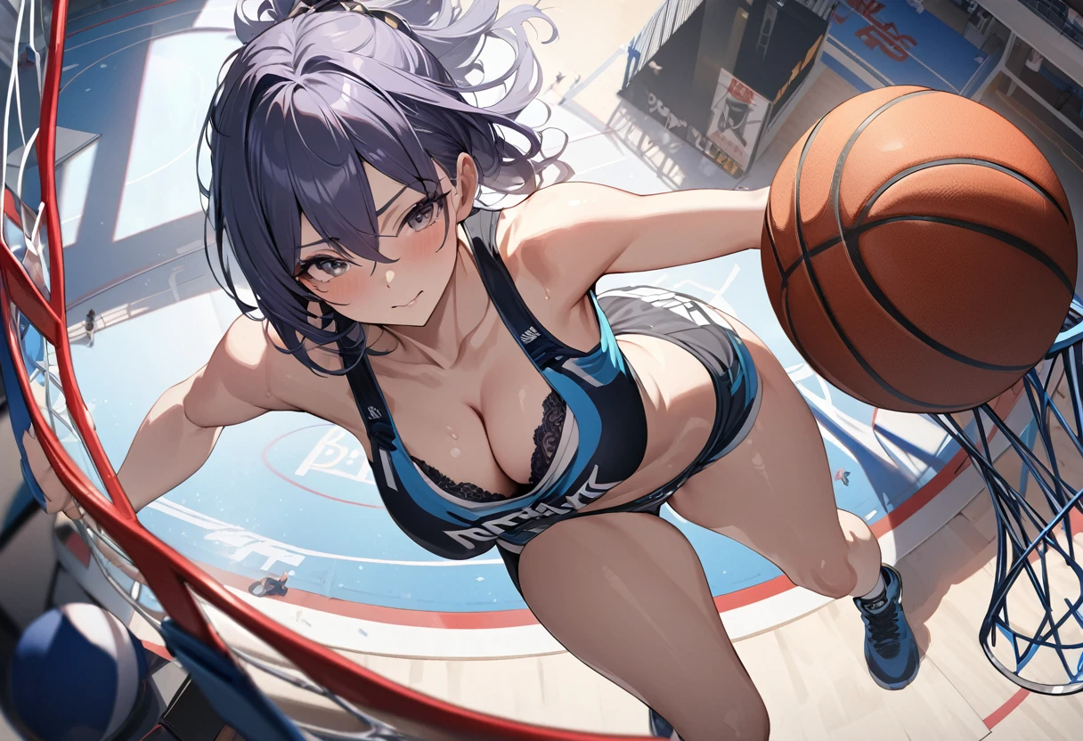 ((masterpiece, Highest quality, High resolution)), ((Highly detailed CG integrated 8K wallpaper)), Female Basketball Player, Make a powerful dunk, View from above, dynamic sports photography,Breast flash、Cleavage、braが少し見える、bra透け、bra、panties