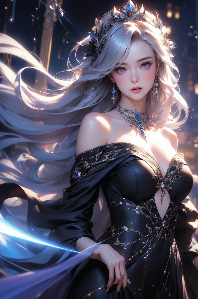 (masterpiece:1.5, Highest quality, Very detailed、 Dutch Angle、Semi-realistic、Fantasy)(One Girl, alone)(White and beautiful hair:1.4,,Straight Long Hair)(Dress in black tones、Fantasyの衣装)、((Off the shoulder、Mid-chest、ruby necklace))(Beautiful cleavage、Legs wrapped in tights)(Beautiful starry sky、Mystical Night、Particles of light float around the woman、Fantasy space) Waiting to start