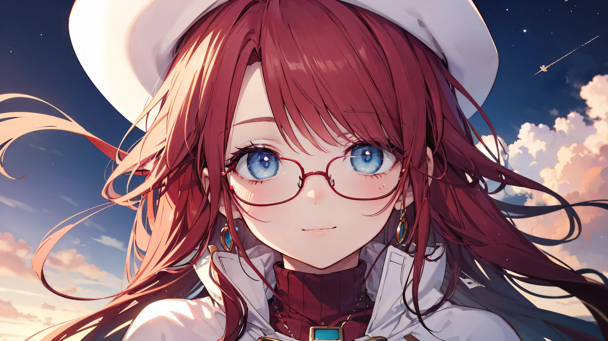 summonnightaty, aty, ),long hair, blue eyes, red hair, big_tits, hat, glasses, BREAK long hair,, hat, dress,glasses, cape, sweater, beret,ribbed sweater,,solo, BREAK outdoors, fantasy, BREAK (masterpiece:1.2), best quality, high resolution, unity 8k wallpaper, (illustration:0.8), (beautiful detailed eyes:1.6), extremely detailed face, perfect lighting, extremely detailed CG, perfect anatomy),covered_nipples,half_eyes,sleepy_eyes,red_sweater,magical_effect,,Smile,solo,beach_sky_landscape,night_sky,solo,portrait,bust up,