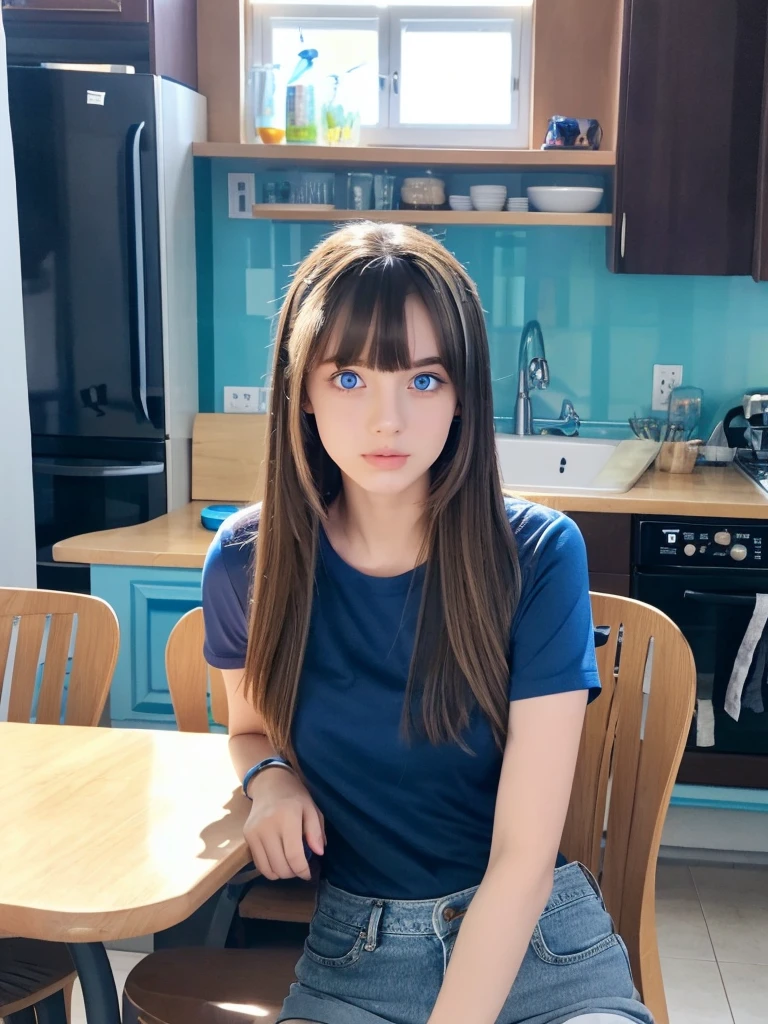 Girl 22 years old , light brown hair and blue streak , Blue eyes ,black T-shirt , blue shorts . Sitting at the table in the kitchen . 