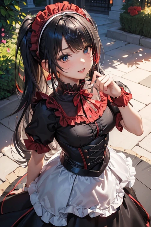 #基本
女の子がphotographのポーズをとっている, ((One Girl)), (((:1.2)) + ((cute:1.3))),
#女の子がphotographのポーズをとっている, ((One Girl)), (((Baby Facete)) + 16 years old),
bring Accessories
(((Black and Red:1.4)Gothic Lolita Dresses) : Elegant + (Quinceanera Dresses) + Gothic Lolita Fashion + (Floor Length + Long skirt dress:1.4) + (Black and Red)jabot + (Black and Red)Bustier + (Black and Red)corset + ((Black and Red)Headdress) + ((Black and Red)bonnet)) + (Black High Heels),
red gem earrings, Fancy Necklace,
break
#Features
((Silver Hair:1.4)), (Straight bangs + trimmed bangs), (Twin tails : Long Hair + Straight hair + Black and Redのレースリボン),
(Droopy eyes, blue eyes), (Very small breasts),
break
#background environment
(noon, (The garden of a large Western-style mansion + Garden of roses + sunlight shines)),
#Facial Expression Pose
((Smiling loudly, blush), (A confident and graceful pose, Dynamic Pose)),
#composition
(To the camera, Focus from below, (Cowboy Shot)),
break
#Body parts elements
(Slim figure),
(Detailed Hair, Beautiful Hair, Shiny Hair),
(double eyelid, Long eyelashes),
(Expression of fine eyes, Beautiful and delicate eyes, Sparkling eyes, Eye Reflexes, Glitter Eyeliner, Big eyes:1.2),
(Human Ear),
(Beautiful Nose, Thin Nose),
(Glossy Lips, Beautiful Lips, Thick lips, Glossy Lips, Natural Cheeks),
(Detailed face, Symmetrical facial features),
(Detailed skin, Textured skin, Beautiful Skin, Glowing Skin),
break
#Quality Image Quality Common
(((Highest quality)), ((masterpiece)), ((Very detailed))), ((High resolution)), ((16K,1080P)),
(Anatomically correct), (Realistic), (3DCG),
#Quality image illustration
((comics, anime)), CG illustration,
#Quality image quality realistic
#(photo-Realistic:1.37), (Photorealistic), ((RAWphotograph)), (photograph),