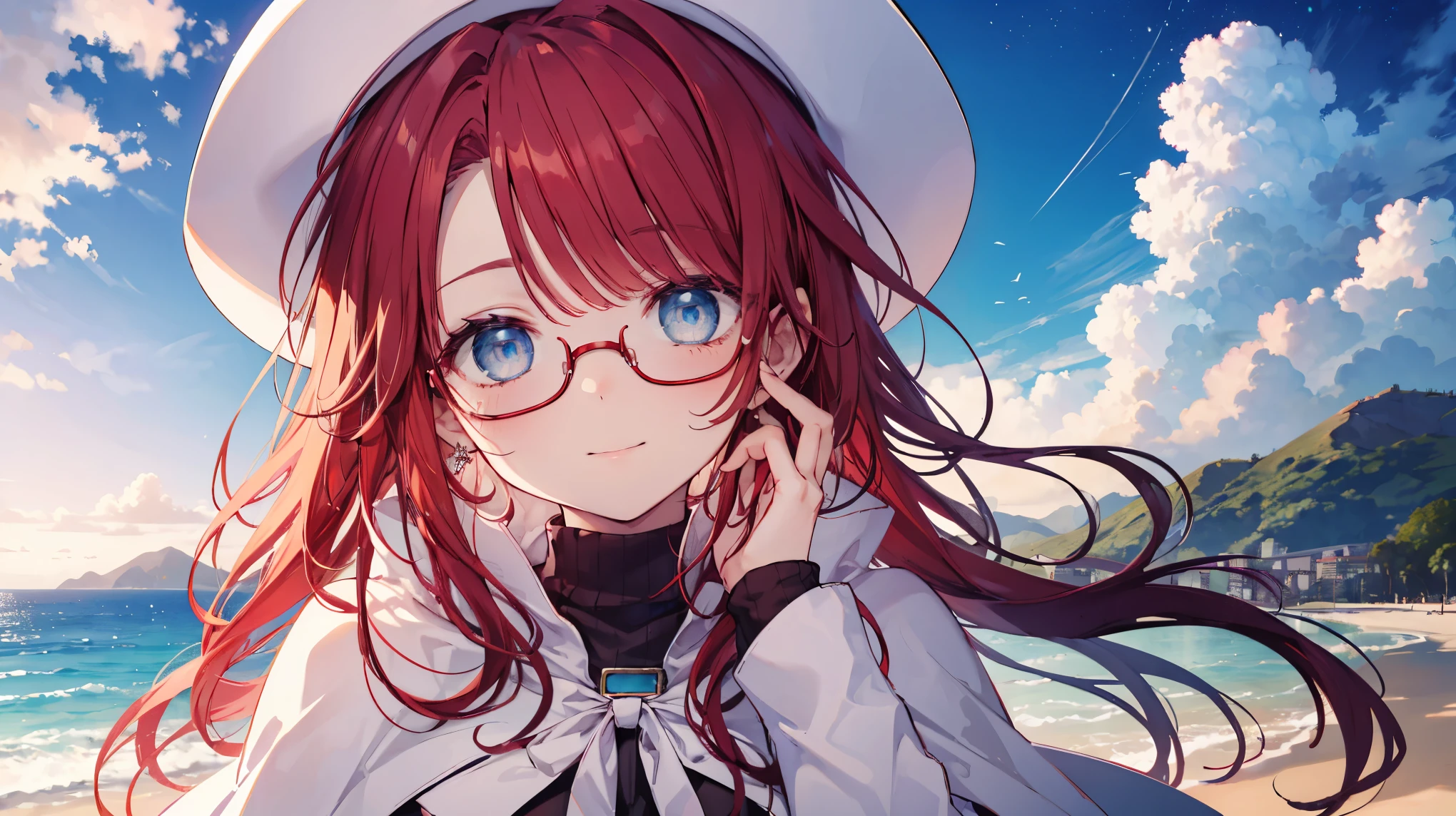 summonnightaty, aty, ),long hair, blue eyes, red hair, big_tits, hat, glasses, BREAK long hair,, hat, dress,glasses, cape, sweater, beret,ribbed sweater,,solo, BREAK outdoors, fantasy, BREAK (masterpiece:1.2), best quality, high resolution, unity 8k wallpaper, (illustration:0.8), (beautiful detailed eyes:1.6), extremely detailed face, perfect lighting, extremely detailed CG, perfect anatomy),covered_nipples,half_eyes,sleepy_eyes,red_sweater,magical_effect,,Smile,solo,beach_sky_landscape,night_sky,solo,portrait,bust up,