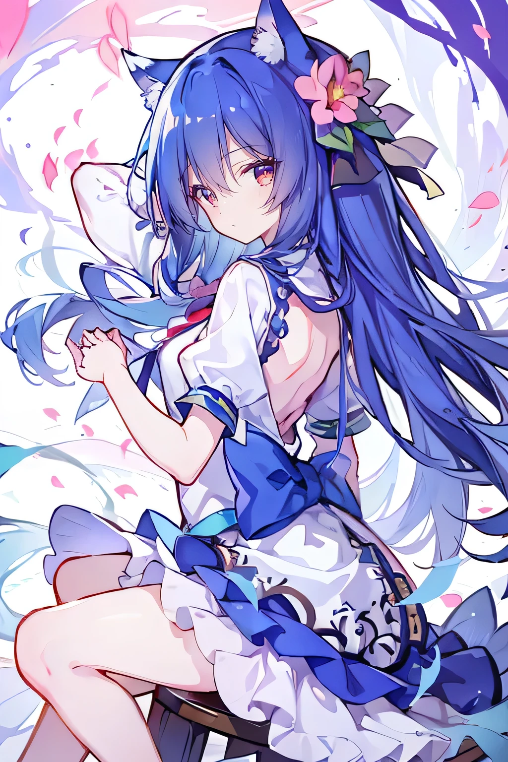 (masterpiece:1.2),Super detailed,lifelike,Expressive eyes,fair skin,perfect face shape,1 girl,
Japanese comics,Gorgeous blue hair,flowing blue hair,flowing clothes,Cat ears,Petals fall,beautiful lola,Baby Angel,
Shaking head with one hand,Cross your legs,,The pavilion is cool and comfortable,smile,back views,sunrise,Petals fall,sunrise