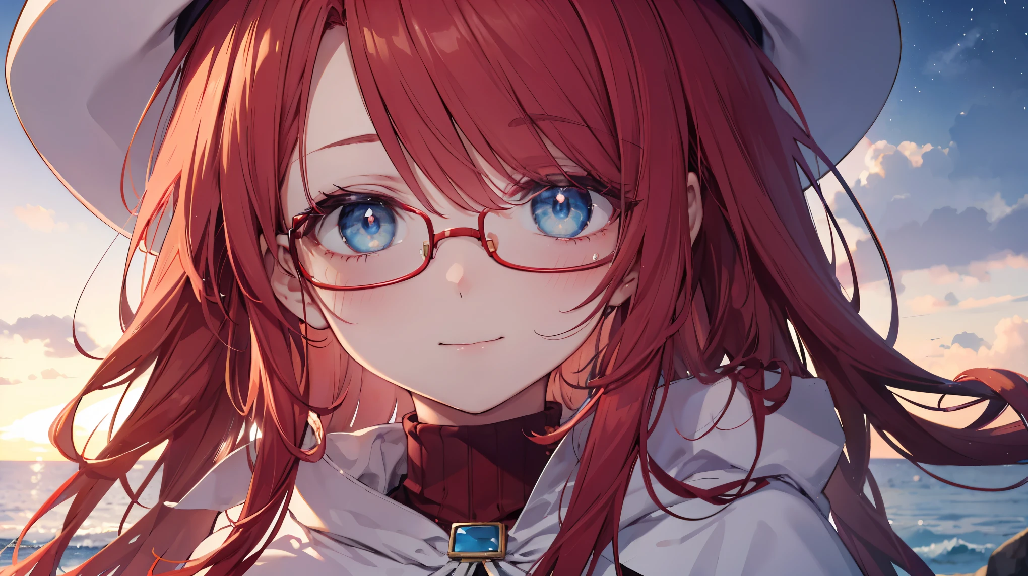summonnightaty, aty, ),long hair, blue eyes, red hair, big_tits, hat, glasses, BREAK long hair,, hat, dress,glasses, cape, sweater, beret,ribbed sweater,,solo, BREAK outdoors, fantasy, BREAK (masterpiece:1.2), best quality, high resolution, unity 8k wallpaper, (illustration:0.8), (beautiful detailed eyes:1.6), extremely detailed face, perfect lighting, extremely detailed CG, perfect anatomy),covered_nipples,half_eyes,sleepy_eyes,red_sweater,magical_effect,,Smile,solo,beach_sky_landscape,night_sky,solo,portrait,bust up,
