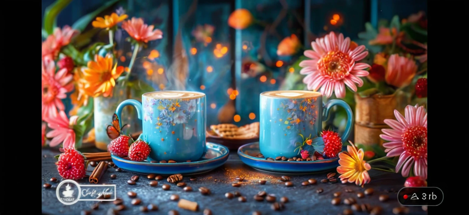 there are two cups of coffee on a table with flowers, two cups of coffee, cozy cafe background, radiant morning light, sunny morning light, morning sunlight, coffee and stars background, celebration of coffee products, coffee cups, by Julia Pishtar, morning light, natural morning light, cinematic morning light, morning time, morning coffee, evening sunlight, hard morning light