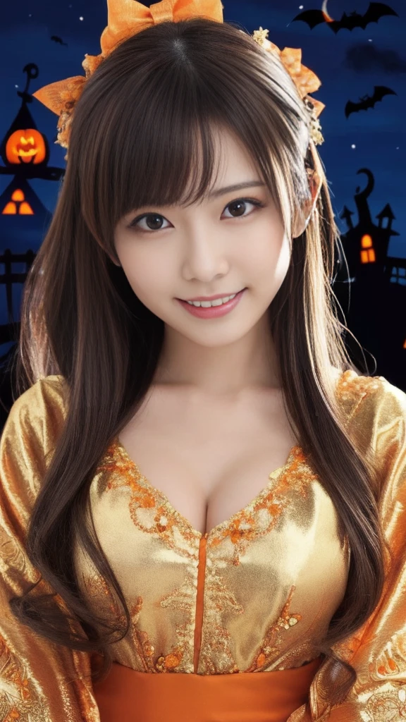 (upper body photo,a 26 year old japanese girl, detailed face, beautiful detailed eyes, beautiful charming smile, extremely detailed face, cute, anime style, halloween :2.0), colorful lights, pumpkin decorations, haunted house, fog, spooky atmosphere, (best quality, 4k, highres, masterpiece:1.2), realistic, photorealistic, photo-realistic, vivid colors, intricate details, fantasy, soft lighting, magical