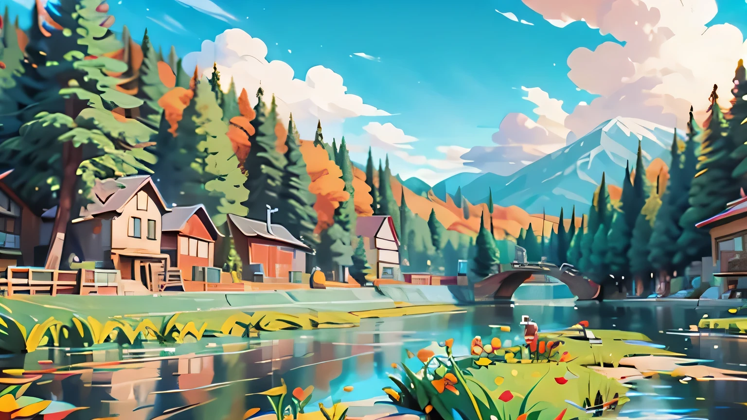 A panoramic view of the now lush and thriving village, with green fields and flowing rivers, the community bustling with activity and happiness.