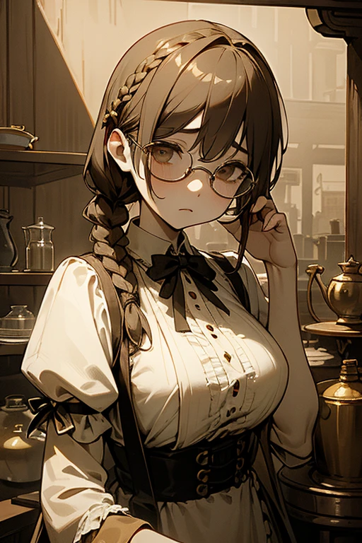 Female Doll、adult、Large Breasts、Open the chest、Gold-rimmed glasses、Braided Hair、Pottery body、Luo Ling humanoid、steampunk、Expressionleselancholy、dark、Low saturation、Low Contrast、Sepia、Faded colors、Glass-like eyeballaid clothes、Apron dress、Exposed bare skin