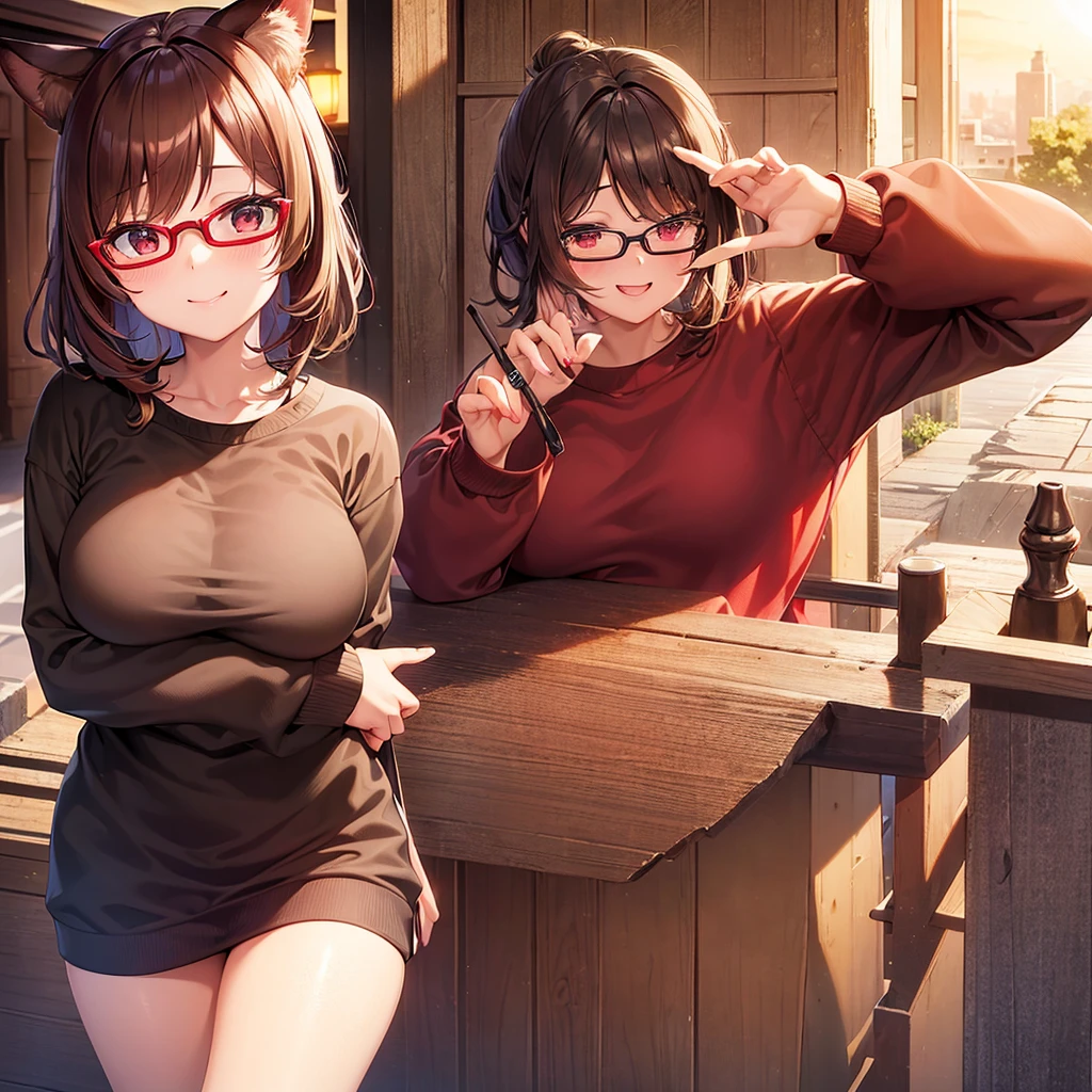 Big Tits、Light brown short hair with outward curlischievous Smile、Red Glasses、Red Eyes、Animal Ears、Black and red clothes、Under the sunset sky