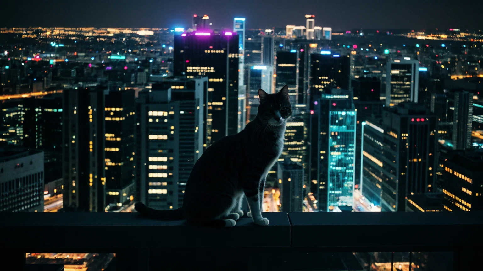 landscape, no one, city, skyscrapers, roof of a tall building, a cat stands on the parapet looking down, night, neon lights, illustration, cinematic lighting, close-up, from above, blurry, UHD, best quality, 4K