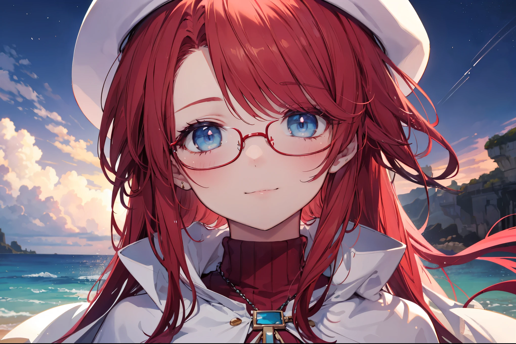 summonnightaty, aty, ),long hair, blue eyes, red hair, big_tits, hat, glasses, BREAK long hair,, hat, dress,glasses, cape, sweater, beret,ribbed sweater,,solo, BREAK outdoors, fantasy, BREAK (masterpiece:1.2), best quality, high resolution, unity 8k wallpaper, (illustration:0.8), (beautiful detailed eyes:1.6), extremely detailed face, perfect lighting, extremely detailed CG, perfect anatomy),covered_nipples,half_eyes,sleepy_eyes,red_sweater,magical_effect,,Smile,solo,beach_sky_landscape,night_sky,solo,portrait,bust up,
