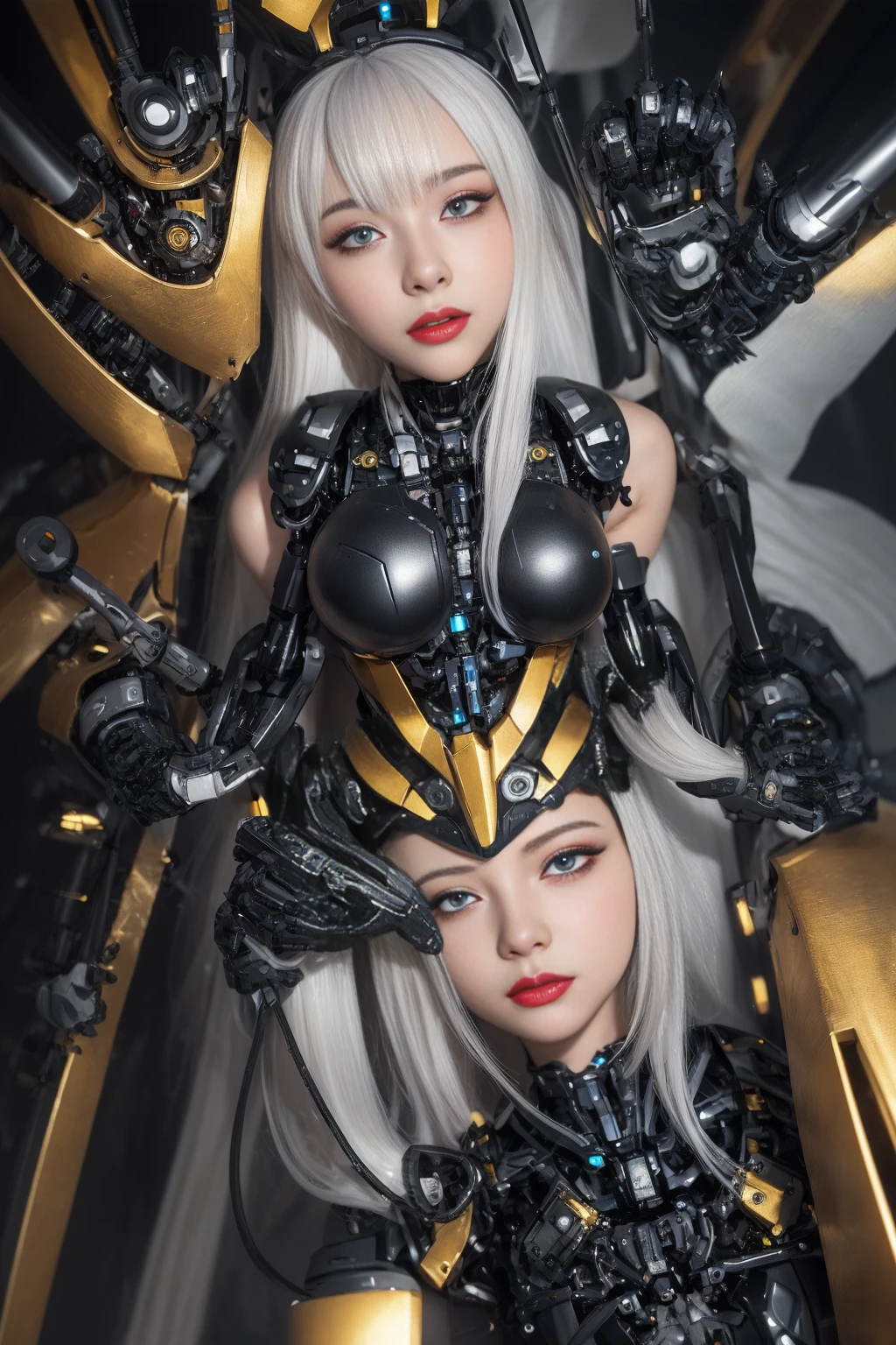 Beautiful Face,face is Japan, 1 Woman, Big, Curvaceous, (16k, RAW photo, top quality, masterpiece: 1.2), (HDR, Realistic, Photorealistic: 1.37) (tube attached to the body), (Bikini Cyborg robot parts)))), (light gray hair), Long hair, Wavy hair, Twin tails, Medium shot, ( Seductive smile)), (black eyes), double eyelids, princess cut, from below, (whole body),posing,,in the lab,( tube connected to blood vessel),((mechanical vertebrae attached to the back)),((mechanical neck attached to the neck)),(wire and cable attached to head and body),(character focus),science fiction,perfect female figure,perfect anatomy, hyperanatomy, full body shot, up to four fingers and one thumb relationship,