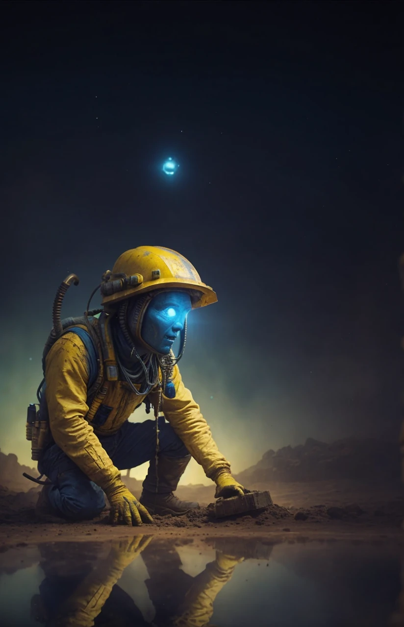 Alien, miner man, tools, dirt, 4D, 8k, close, blue and yellow picture, tired, Rembrandt lights, realism, futuristic, high tech