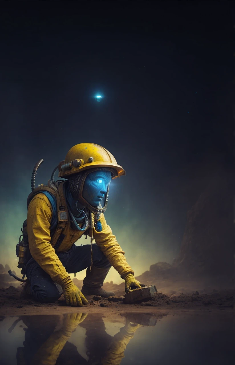 Alien, miner man, tools, dirt, 4D, 8k, close, blue and yellow picture, tired, Rembrandt lights, realism, futuristic, high tech