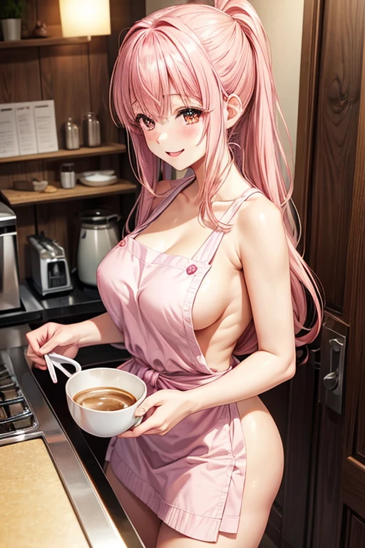 1 girl, Alone, ichika nakano, pink fur, (naked:1.3), (White apron), big breasts, neckline, thighs, coffee background, (blush:1.2), smiling