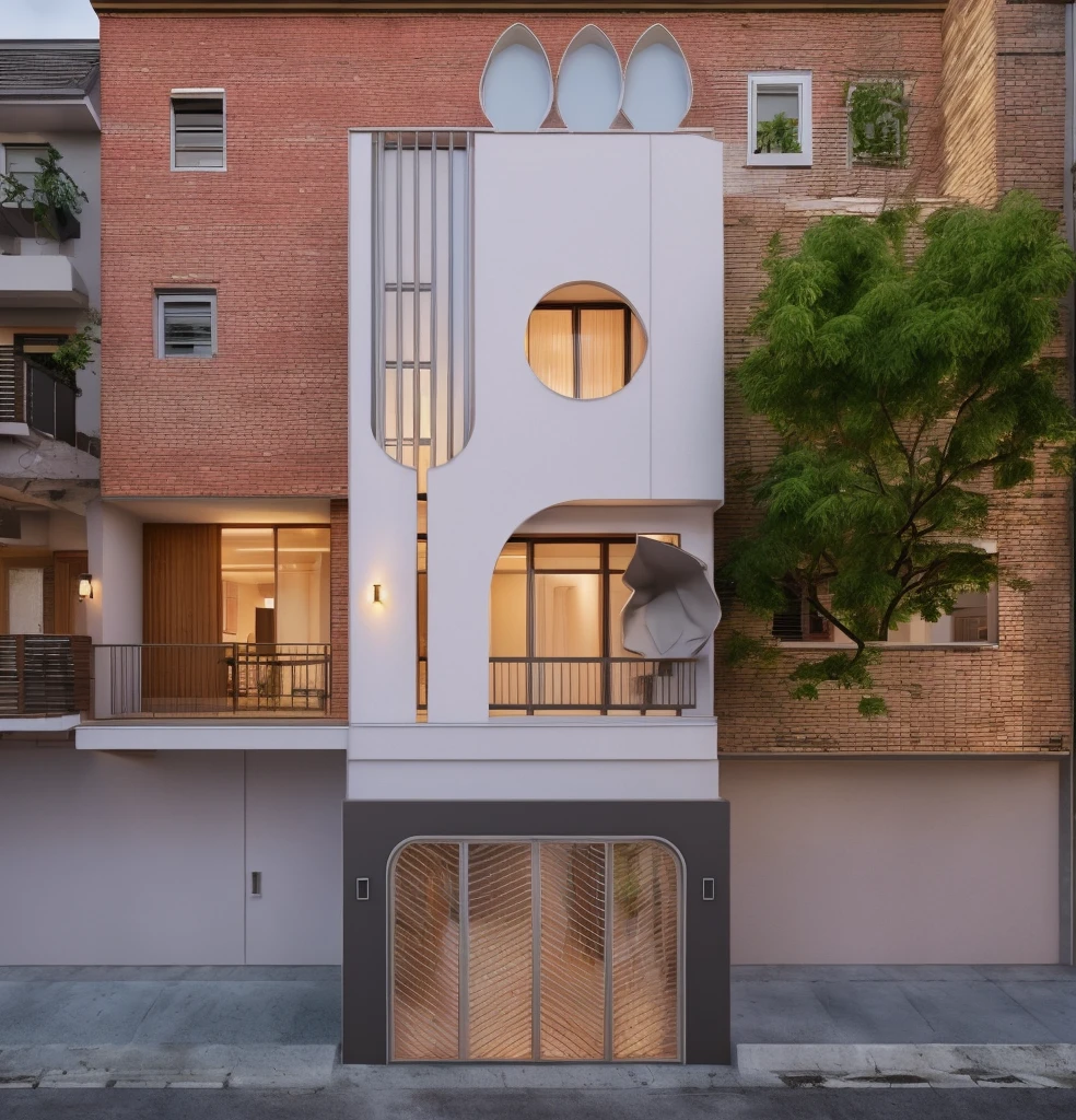 (Townhouse in city ,close houses and trees), daylight ( best quality) ((high solution)) ,(( photo realistic)) ,warm light, (sharp focont view of townhouse in style of modern,small house, Narrow area,VietNam,facade, curved arch,beautiful facade,curved windown,narrow and long ,two-storey,mutual colours, soft lighting, warm atmosphere,high Resolution, hyper detailed,4k ,vray render, octane render, hyper realistic, photography expert ,exterior design , professional photography, exterior photography,wide-angle shot , ultra detail , high Resolution , full frame, full body