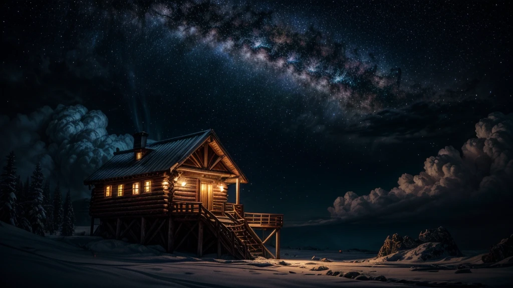 a cabin in space, many gold coins, spiritual projection, spiritual dimension, aura energy, celestial light, person flying in the starry sky, universe, detailed cabin interior, glowing aura, dramatic lighting, volumetric cosmic clouds, mystical atmosphere, cinematic composition, highly detailed, photorealistic, award winning, digital art, matte painting, dramatic lighting, ultra detailed, hyperrealistic, 8k, HDR, studio lighting