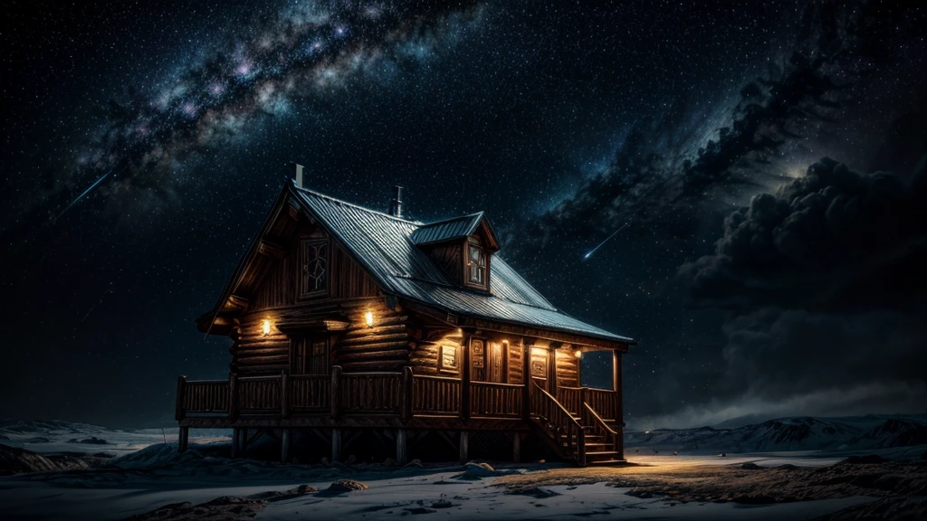 a cabin in space, many gold coins, spiritual projection, spiritual dimension, aura energy, celestial light, person flying in the starry sky, universe, detailed cabin interior, glowing aura, dramatic lighting, volumetric cosmic clouds, mystical atmosphere, cinematic composition, highly detailed, photorealistic, award winning, digital art, matte painting, dramatic lighting, ultra detailed, hyperrealistic, 8k, HDR, studio lighting