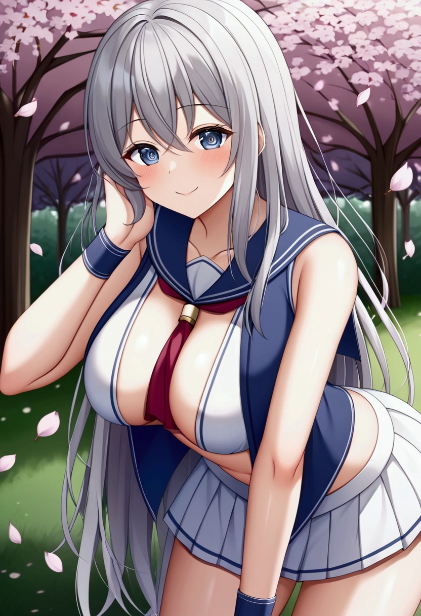 最high quality、best image quality、masterpiece、girl((18-year-old、 By becoming、vest bust、medium bust,wide open breast tea、shining eyes, silver hair、long hair、thin,highest valley、white see-through sailor suit、White short skirt、Wristband、smile、Leaning forward)),high quality、beautiful art、background((SakuraFubuki、Falling cherry blossoms、Cherry tree、beautiful park、square、Cherry Meadow、Wind))、Flight、debris flies、Depth of written boundary、movie、visual art、perfect art、8K,genuine、