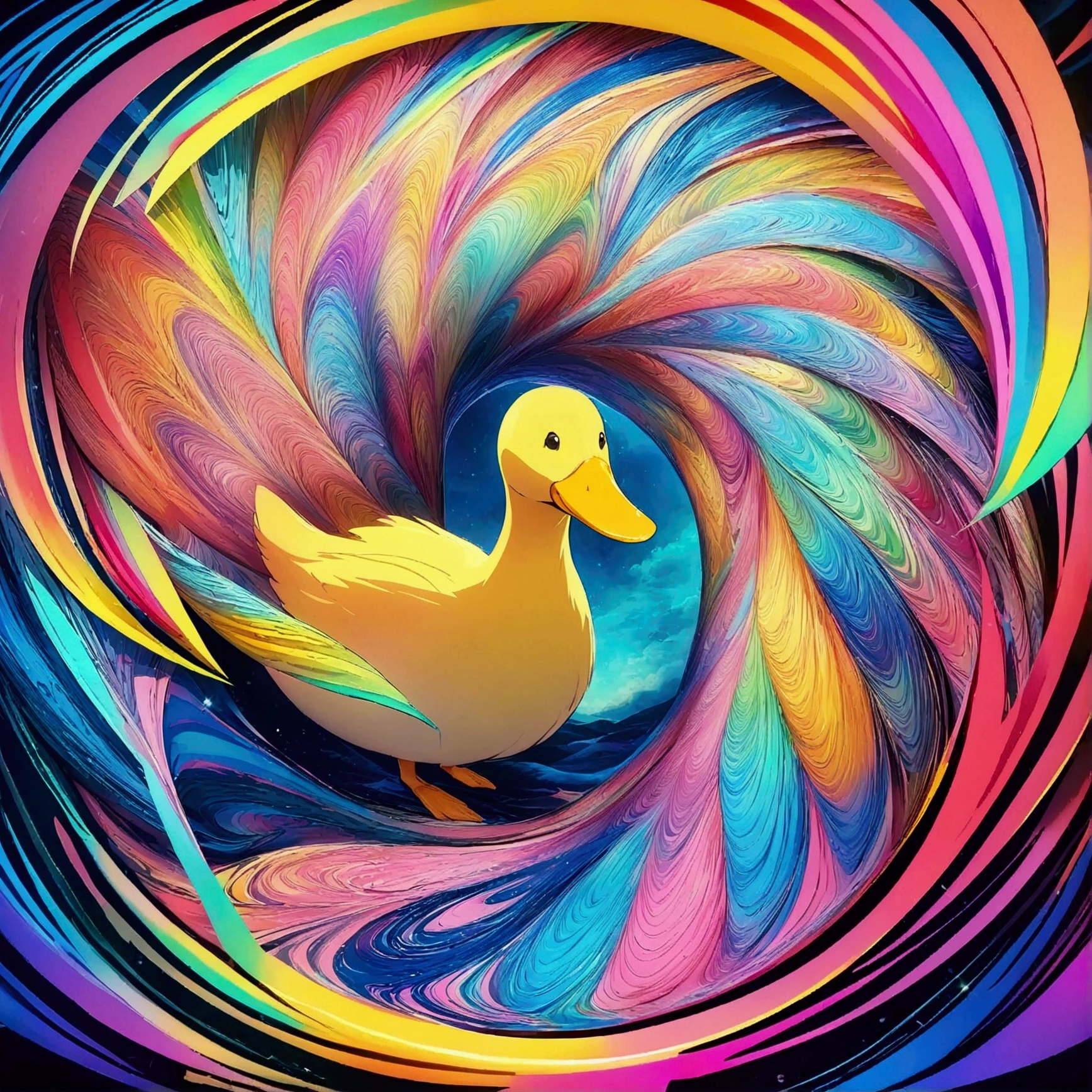 A dazzling, lively, award-winning masterpiece of a duck, And excessive detail, Psychedelic style. Vibrant colors and dynamic movement showcase this lively spirit and cheerful breed. Unleash your creativity with the golden ratio, And watch the magic come to life in 4K resolution, Professional cinematic image