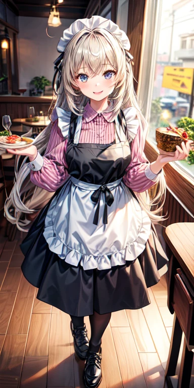 1girl, apron, long hair, thighs, skirt, food, warm and cute smile, full body, restaurant