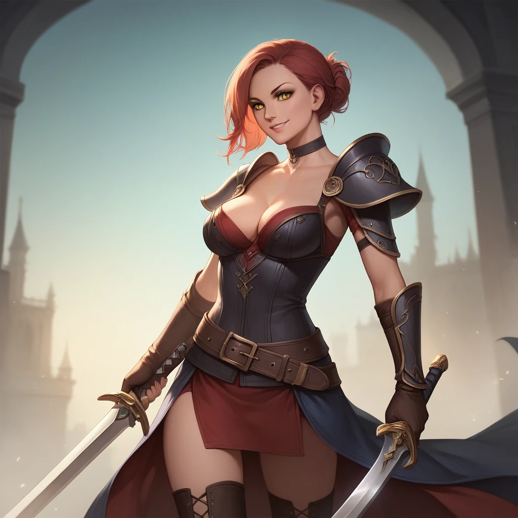 (masterpiece),(best quality),(ultra-detailed),(best illustration),(best shadow),(absurdres),(detailed background),(very aesthetic),sara valestein, sen12, 1girl, weapon, solo, sword, breasts, cleavage, smile, yellow eyes, thighhighs, choker, belt, holding,