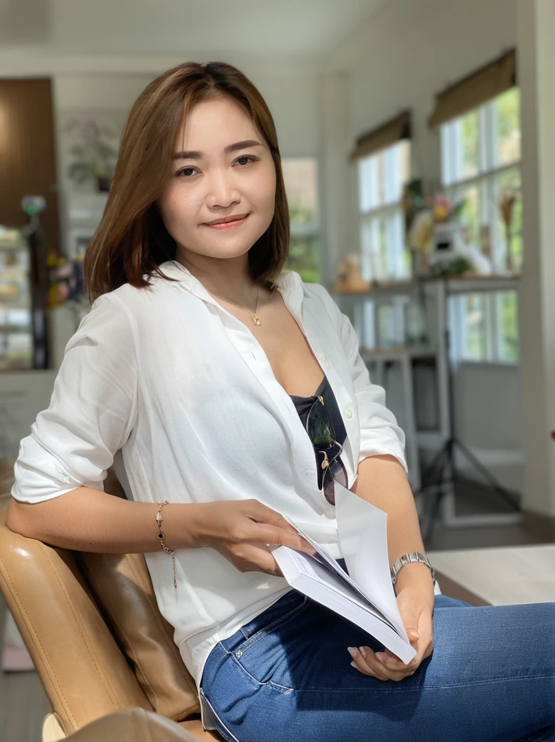 There was a woman sitting on a chair holding a book., Wear a white jacket , black bra, Vertical image, in the white room, young asian woman, Comfortable pose, Shot with Canon EOS R5,