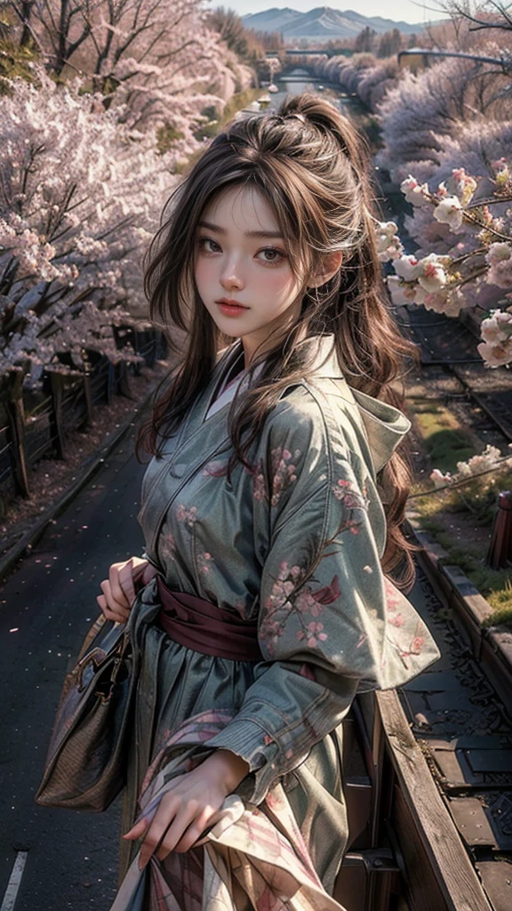 ((Masterpiece, best quality, Highest picture quality, high resolution, realistic, original photo, 8ก)), Spring Morning, In a rural town in Japan, The students walked along the cherry tree-lined road to the train station., (Looking from above:1.3),