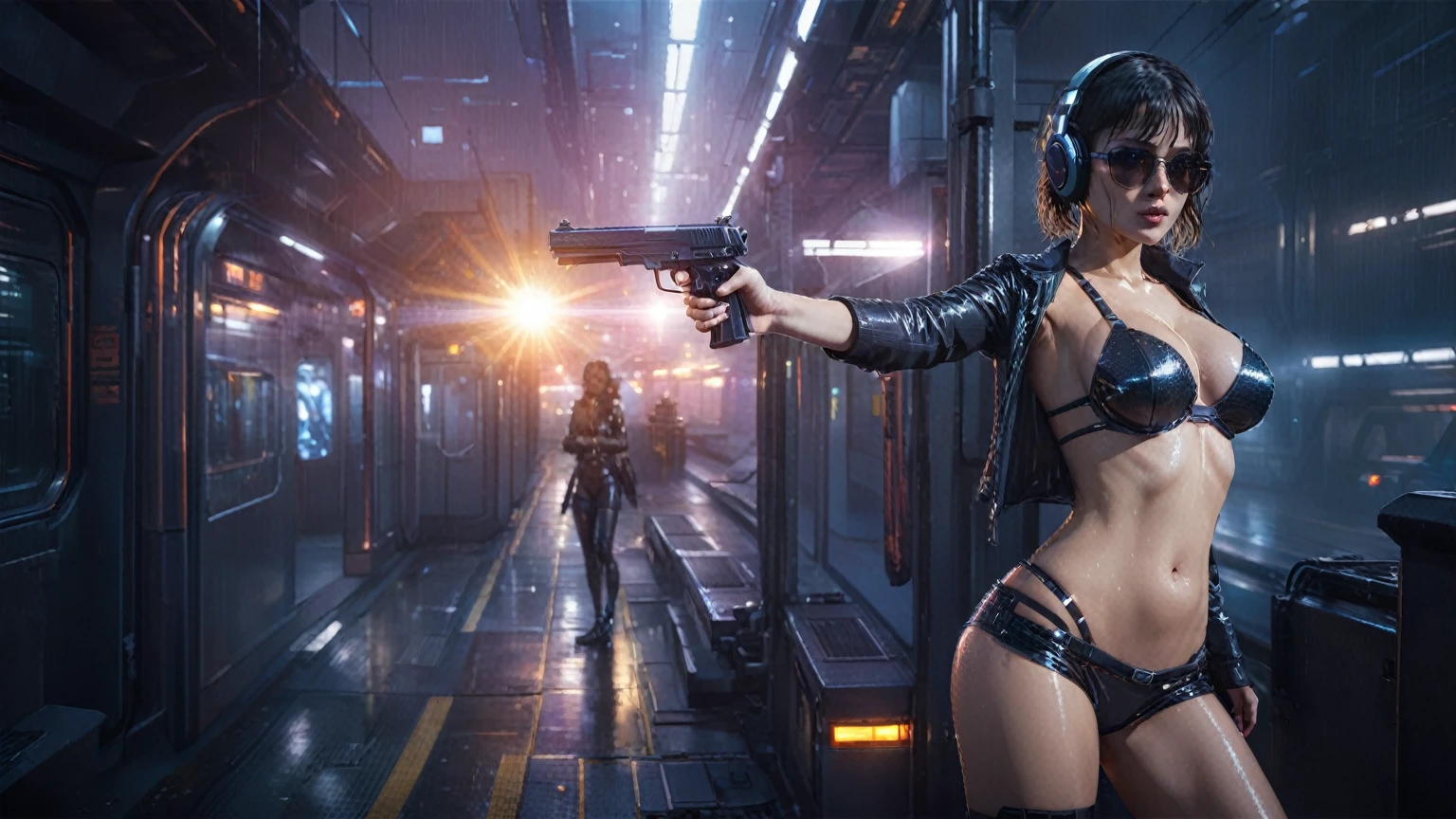 (((aerial view))), Blade Runner style futuristic railway platform, hi-tech train, neon lights, rainy night. (1hotgirl, solo, alone), large-breast:1.2 slim body, cleavage:1.1, sexy lingerie with wet jacket, headphone, (black sunglasses), (((she raised a pistol:1.8 and shot:1.8 the viewer))), dynamic pose, (((half-body thigh level medium shot))), cinematic lighting, lens flare, ray tracing, blurred:1.4 background.