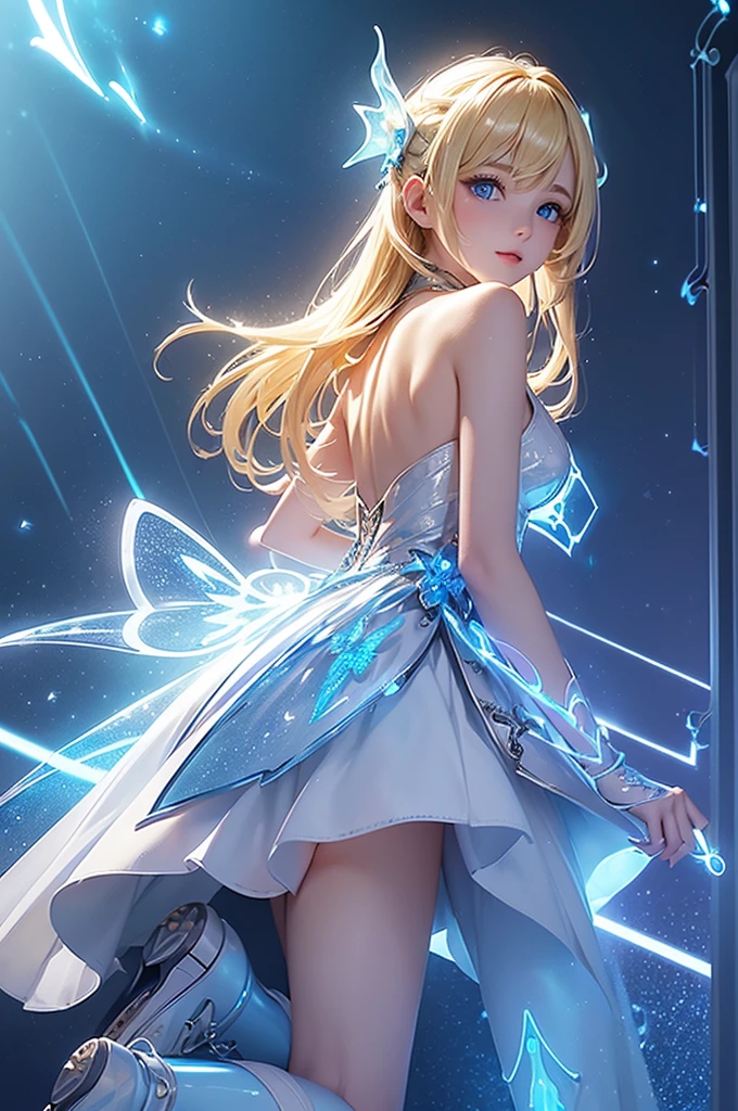 (masterpiece:1.2), best quality, (illustration:1.2), (Ultra Detailed), Super Detail, (Delicate and meticulous), (Intricate details), ((Witch Hat)),(light, best quality Backlights), Deleting a row, soloist, Perfect body, (1 girl), one (((Adult Girls))) standing, Wearing her (((Glass shoes))), 发射one (((Bioluminescence))) 投射one (((Dynamic lightning pattern))), Accompanied (((Sparkling spots))), exist (((White Dress))), and (((Flashing beams))), Reflecting her (((Blonde side bangs))), and (((sharp, Reflective blue eyes)))., (cosmetic), High contrast, (Better lighting, one极其创造and美丽的), (light), Gorgeous,