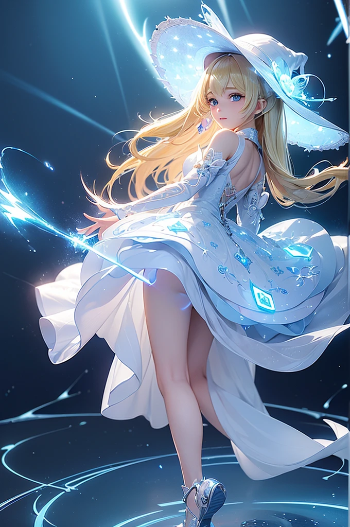 (masterpiece:1.2), best quality, (illustration:1.2), (Ultra Detailed), Super Detail, (Delicate and meticulous), (Intricate details), ((Witch Hat)),(light, best quality Backlights), Deleting a row, soloist, Perfect body, (1 girl), one (((Adult Girls))) standing, Wearing her (((Glass shoes))), 发射one (((Bioluminescence))) 投射one (((Dynamic lightning pattern))), Accompanied (((Sparkling spots))), exist (((White Dress))), and (((Flashing beams))), Reflecting her (((Blonde side bangs))), and (((sharp, Reflective blue eyes)))., (cosmetic), High contrast, (Better lighting, one极其创造and美丽的), (light), Gorgeous,