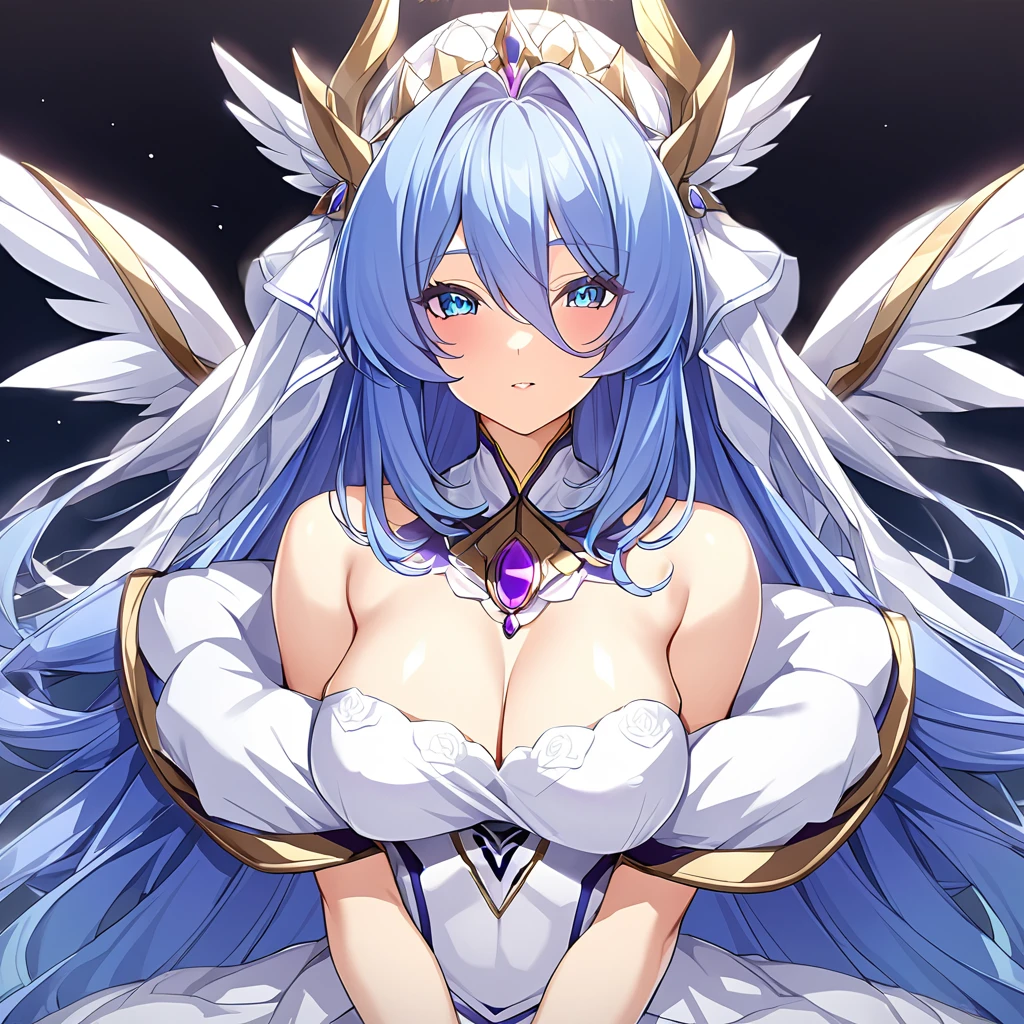 ((Highest quality)), ((masterpiece)), (detailed), (Perfect Face)、The woman was the goddess who became Hera in Greek mythology.々A big and beautiful angel6An archangel and god with 4 wings and a shining halo above his head.々the wife of Zeus, king of the gods, and the divine queen々Goddess Extia、The woman is a beautiful goddess, Goddess Extia, the queen of the one and only god Zeus, with medium-long blue hair, wearing a pure white vintage wedding dress with gorgeous gold embroidery and trim, a gorgeous vintage wedding veil, gorgeous jewelry and decorations, an engagement ring, and gorgeous accessories. She is an elegant goddess, the graceful and beautiful queen of the gods, Goddess Extia.