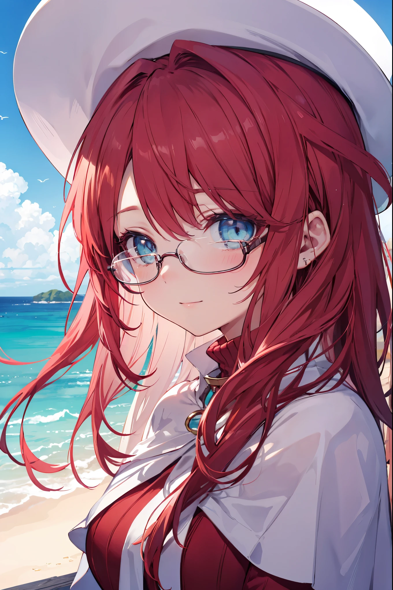 summonnightaty, aty, ),long hair, blue eyes, red hair, big_tits, hat, glasses, BREAK long hair,, hat, dress,glasses, cape, sweater, beret,ribbed sweater,,solo, BREAK outdoors, fantasy, BREAK (masterpiece:1.2), best quality, high resolution, unity 8k wallpaper, (illustration:0.8), (beautiful detailed eyes:1.6), extremely detailed face, perfect lighting, extremely detailed CG, perfect anatomy),covered_nipples,half_eyes,sleepy_eyes,red_sweater,magical_effect,,Smile,solo,beach_sky_landscape,night_sky,solo,portrait,bust up,