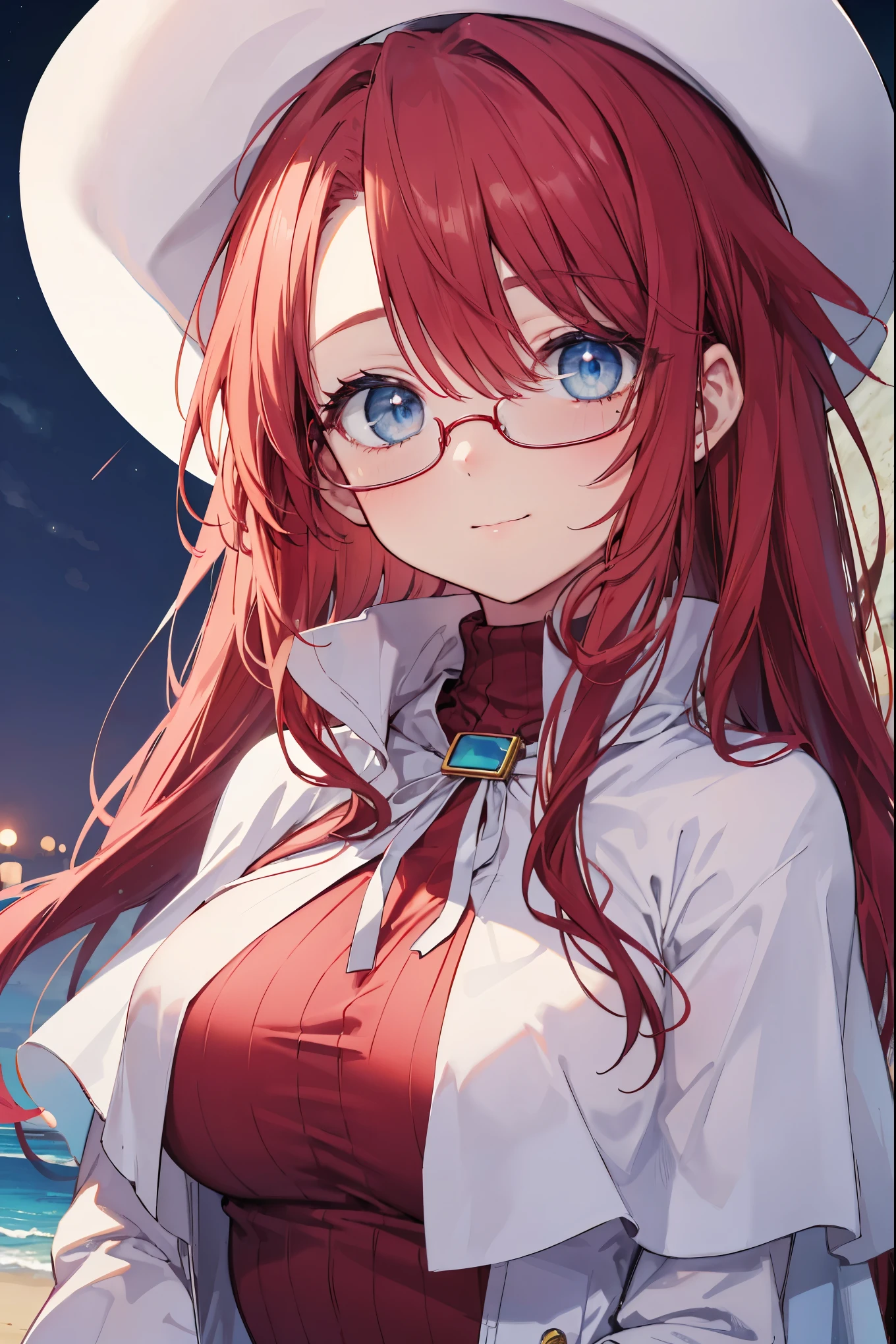 summonnightaty, aty, ),long hair, blue eyes, red hair, big_tits, hat, glasses, BREAK long hair,, hat, dress,glasses, cape, sweater, beret,ribbed sweater,,solo, BREAK outdoors, fantasy, BREAK (masterpiece:1.2), best quality, high resolution, unity 8k wallpaper, (illustration:0.8), (beautiful detailed eyes:1.6), extremely detailed face, perfect lighting, extremely detailed CG, perfect anatomy),covered_nipples,half_eyes,sleepy_eyes,red_sweater,magical_effect,,Smile,solo,beach_sky_landscape,night_sky,solo,portrait,bust up,
