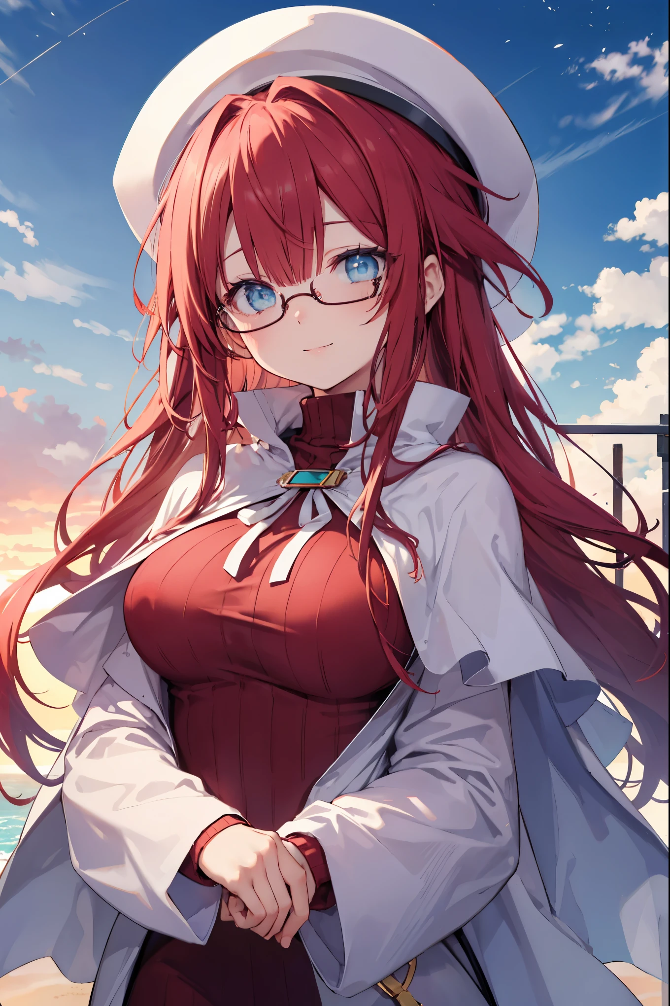 summonnightaty, aty, ),long hair, blue eyes, red hair, big_tits, hat, glasses, BREAK long hair,, hat, dress,glasses, cape, sweater, beret,ribbed sweater,,solo, BREAK outdoors, fantasy, BREAK (masterpiece:1.2), best quality, high resolution, unity 8k wallpaper, (illustration:0.8), (beautiful detailed eyes:1.6), extremely detailed face, perfect lighting, extremely detailed CG, perfect anatomy),covered_nipples,half_eyes,sleepy_eyes,red_sweater,magical_effect,,Smile,solo,beach_sky_landscape,night_sky,solo,portrait,bust up,