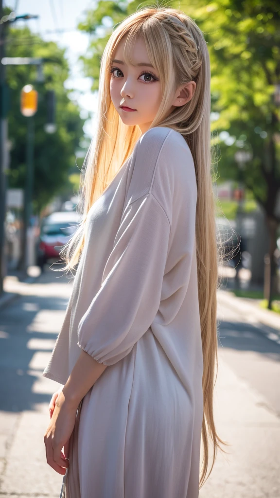 Highest quality、Highest quality、High resolution、8k、masterpiece、Young Japanese Woman、One Woman、blonde、blonde、Long Hair、Blurred Background、Big eyes、Daytime、sunlight、Private Server、casual、Various clothes、