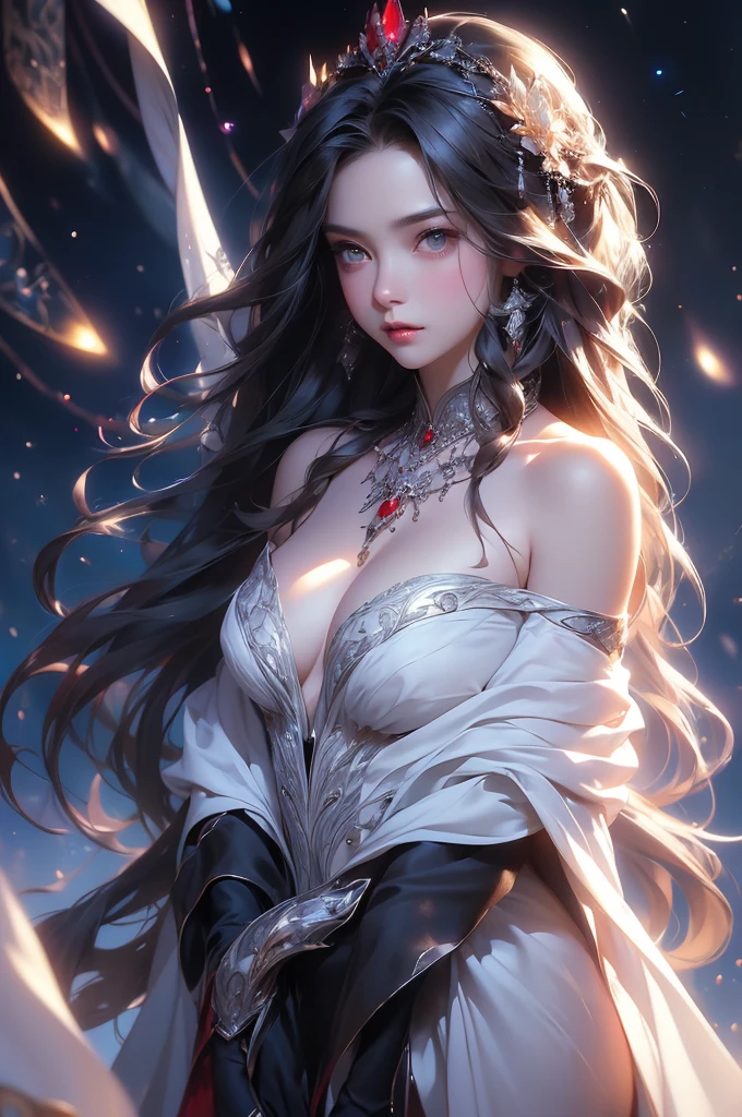 (masterpiece:1.5, Highest quality, Very detailed、 Dutch Angle、Semi-realistic、Fantasy)(One Girl, alone)(White and beautiful hair:1.4,,Straight Long Hair)(Dress in black tones、Fantasyの衣装)、((Off the shoulder、Mid-chest、ruby necklace))(Beautiful cleavage、Legs wrapped in tights)(Beautiful starry sky、Mystical Night、Particles of light float around the woman、Fantasy space) Waiting to start