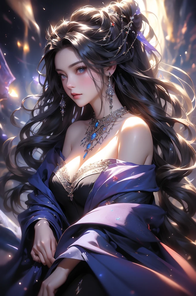(masterpiece:1.5, Highest quality, Very detailed、 Dutch Angle、Semi-realistic、Fantasy)(One Girl, alone)(White and beautiful hair:1.4,,Straight Long Hair)(Dress in black tones、Fantasyの衣装)、((Off the shoulder、Mid-chest、ruby necklace))(Beautiful cleavage、Legs wrapped in tights)(Beautiful starry sky、Mystical Night、Particles of light float around the woman、Fantasy space) Waiting to start