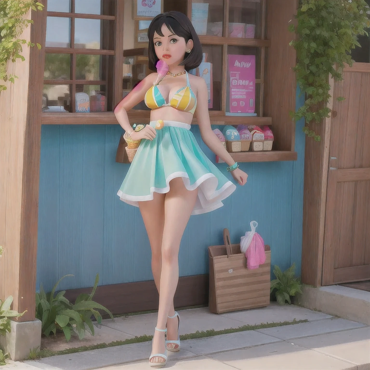 araffe1 girl in a bikini eating an ice cream cone, eating ice cream, in a bikini, angela white, giorgia meloni, katy perry, in bikini, eating ice - cream, wearing spandex bikini, ice cream on the side, bikini, ice cream, wearing a bikini,  candid photo of dirty, shiny plastic bikini, candid shot, cone, 1 girl, solo，in a green dress standing by a wall,portrait of female idol, 