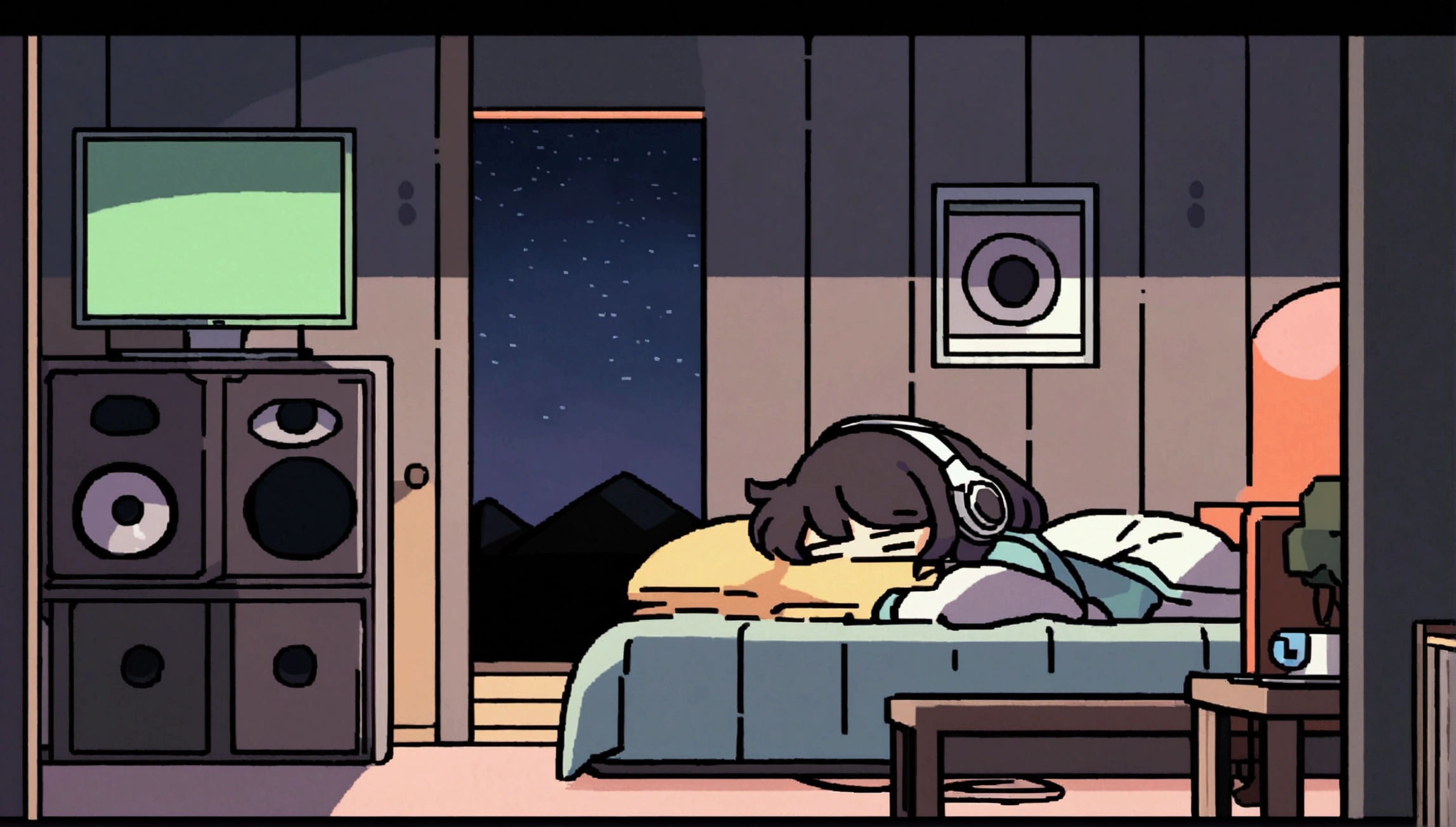 night、Girl listening to music in a cozy room, Use headphones, 2D-style animations, Lo-Fi, hard disk, Dark Environment, Hug your boyfriend,Makoto Shinkai style