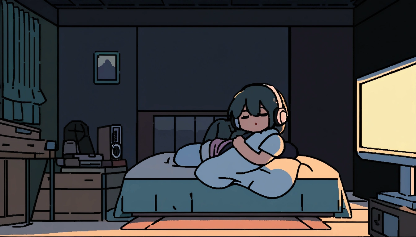 night、Girl listening to music in a cozy room, Use headphones, 2D-style animations, Lo-Fi, hard disk, Dark Environment, Hug your boyfriend,Makoto Shinkai style